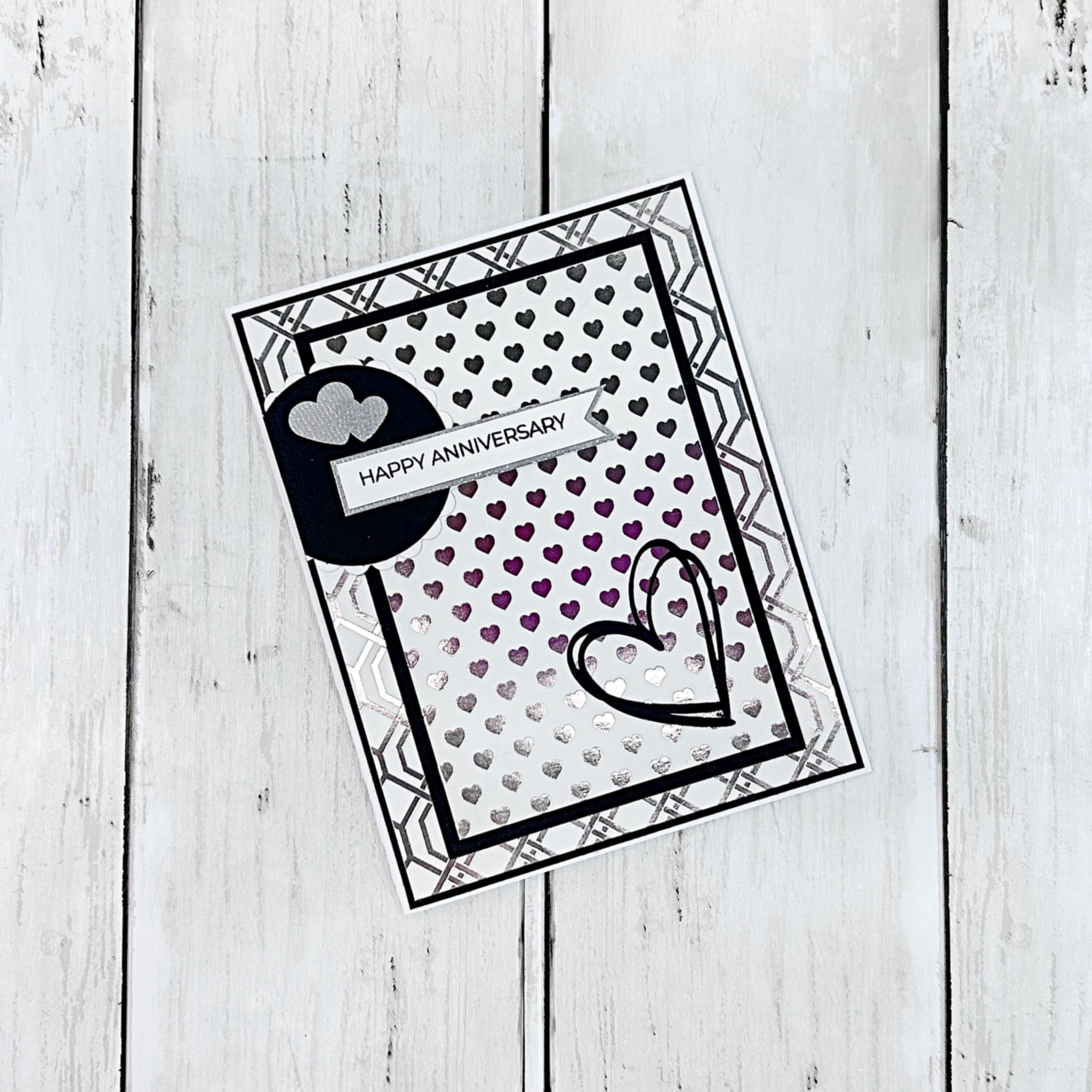 Elegant Happy Anniversary, Silver and White Handmade Greeting Card