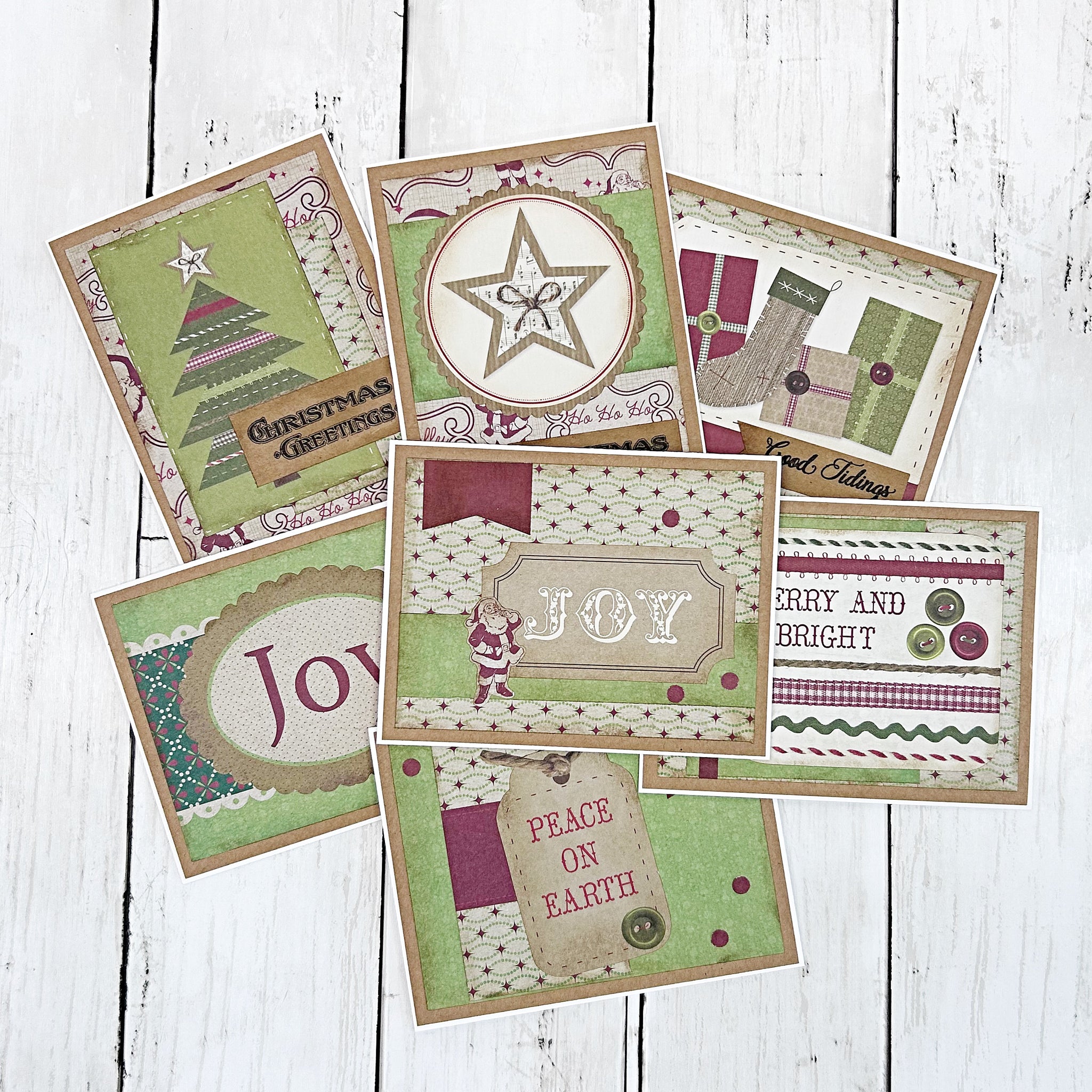 Vintage Style Christmas Card Set of 7, Handmade Holiday Cards