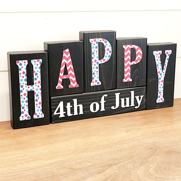 Reversible Happy 4th of July and Sweet Summertime Sunflower Rustic Wooden Letter Block Set, Double Sided Decor for Shelf, Mantle or Tabletop