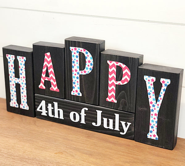 Reversible Happy 4th of July and Sweet Summertime Sunflower Rustic Wooden Letter Block Set, Double Sided Decor for Shelf, Mantle or Tabletop