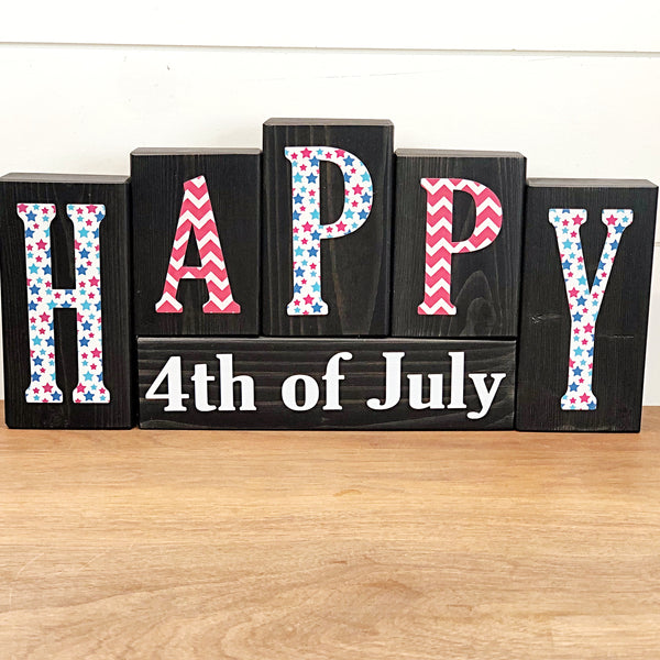 Reversible Happy 4th of July and Sweet Summertime Sunflower Rustic Wooden Letter Block Set, Double Sided Decor for Shelf, Mantle or Tabletop