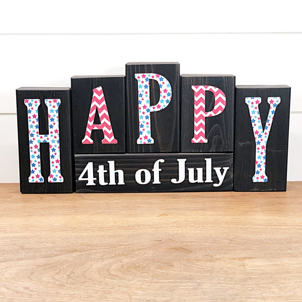 Reversible Happy 4th of July and Sweet Summertime Sunflower Rustic Wooden Letter Block Set, Double Sided Decor for Shelf, Mantle or Tabletop