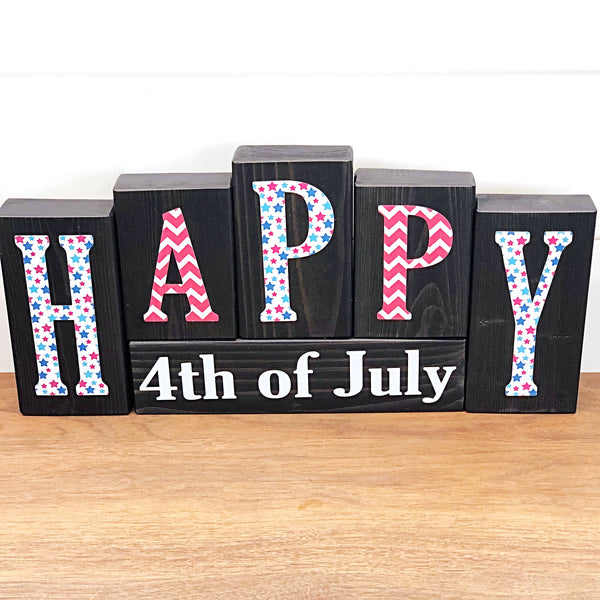 Reversible Happy 4th of July and Sweet Summertime Sunflower Rustic Wooden Letter Block Set, Double Sided Decor for Shelf, Mantle or Tabletop