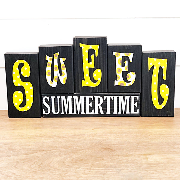 Reversible Happy 4th of July and Sweet Summertime Sunflower Rustic Wooden Letter Block Set, Double Sided Decor for Shelf, Mantle or Tabletop