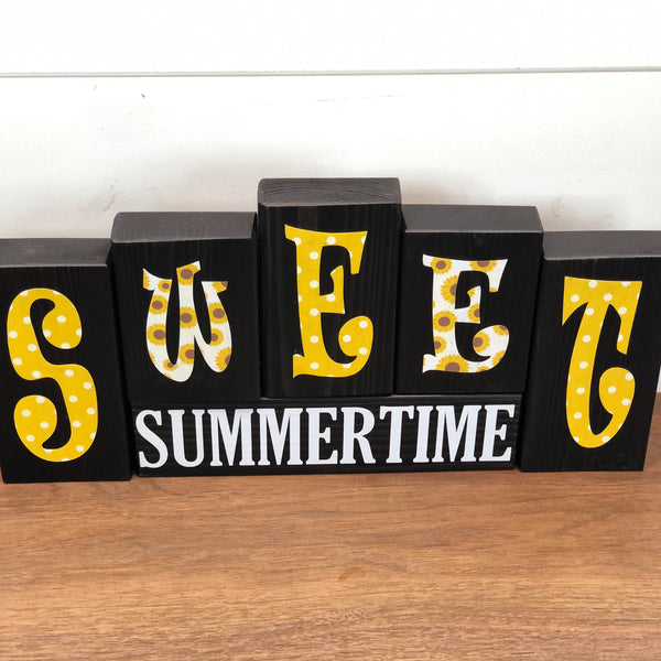 Reversible Happy 4th of July and Sweet Summertime Sunflower Rustic Wooden Letter Block Set, Double Sided Decor for Shelf, Mantle or Tabletop