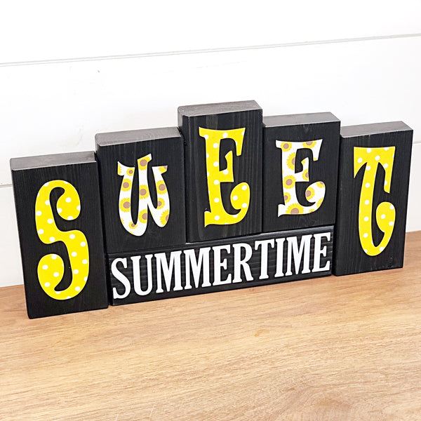 Reversible Happy 4th of July and Sweet Summertime Sunflower Rustic Wooden Letter Block Set, Double Sided Decor for Shelf, Mantle or Tabletop