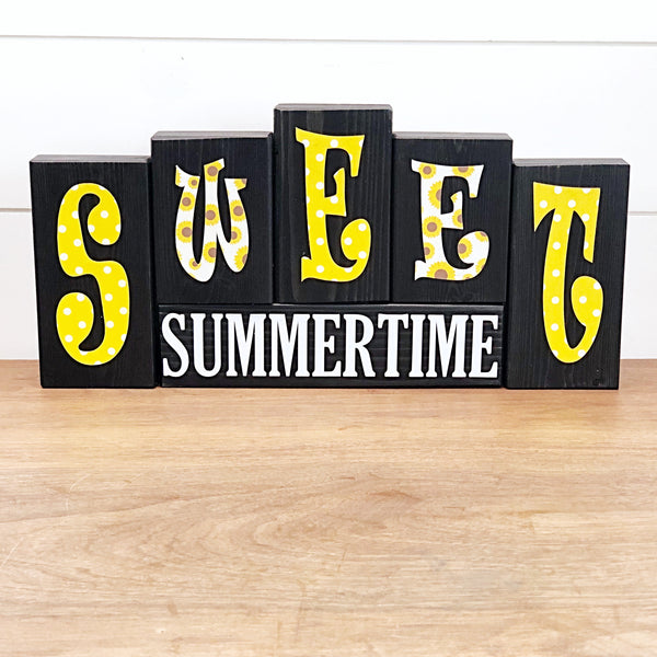 Reversible Happy 4th of July and Sweet Summertime Sunflower Rustic Wooden Letter Block Set, Double Sided Decor for Shelf, Mantle or Tabletop