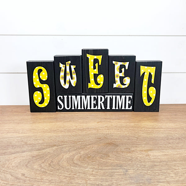 Reversible Happy 4th of July and Sweet Summertime Sunflower Rustic Wooden Letter Block Set, Double Sided Decor for Shelf, Mantle or Tabletop