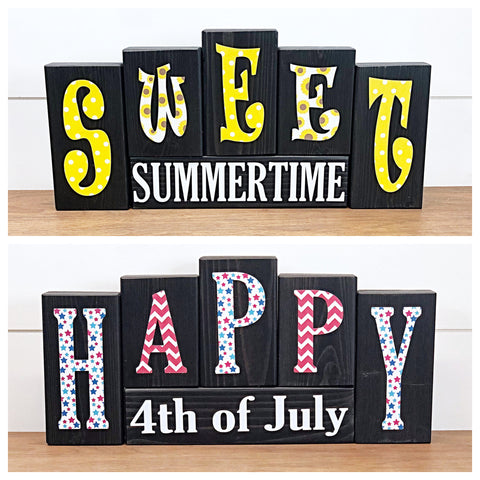 Reversible Happy 4th of July and Sweet Summertime Sunflower Rustic Wooden Letter Block Set, Double Sided Decor for Shelf, Mantle or Tabletop