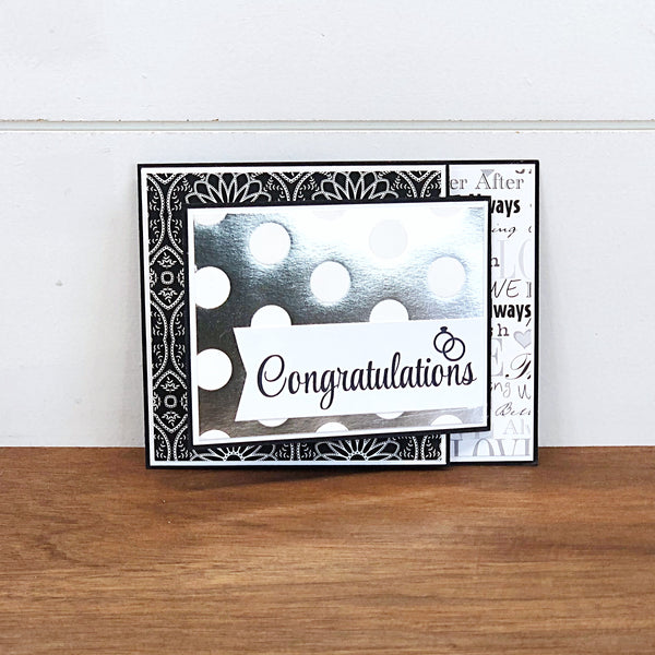 Elegant Wedding Card, Black White and Silver Handmade Card with Gift Card or Money Pocket