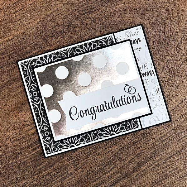 Elegant Wedding Card, Black White and Silver Handmade Card with Gift Card or Money Pocket