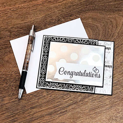 Elegant Wedding Card, Black White and Silver Handmade Card with Gift Card or Money Pocket