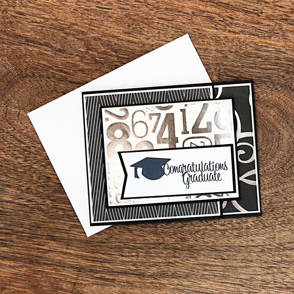 Elegant Graduation Card, Black White and Silver Handmade Card with Gift Card or Money Pocket