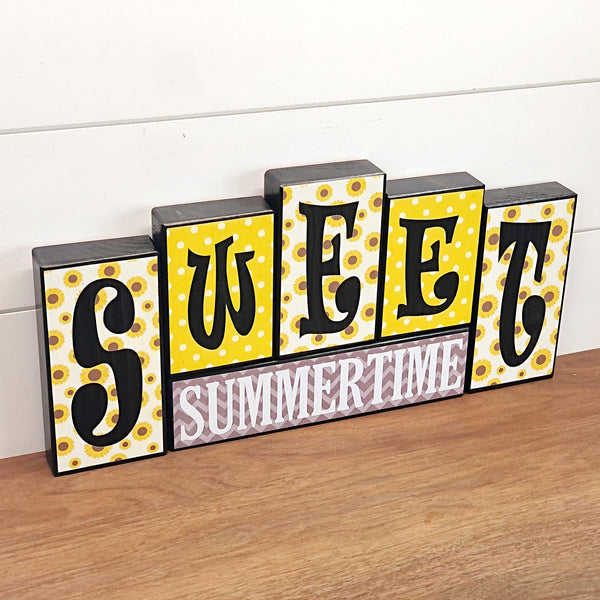 Reversible Sweet Summertime Sunflower Happy 4th of July Rustic Wooden Letter Block Set, Double Sided Decor for Shelf, Mantle or Tabletop