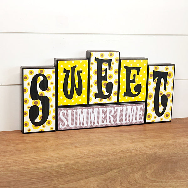 Reversible Sweet Summertime Sunflower Happy 4th of July Rustic Wooden Letter Block Set, Double Sided Decor for Shelf, Mantle or Tabletop