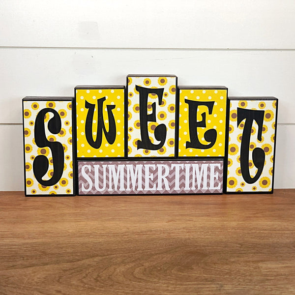 Reversible Sweet Summertime Sunflower Happy 4th of July Rustic Wooden Letter Block Set, Double Sided Decor for Shelf, Mantle or Tabletop