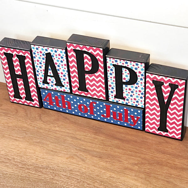 Reversible Sweet Summertime Sunflower Happy 4th of July Rustic Wooden Letter Block Set, Double Sided Decor for Shelf, Mantle or Tabletop