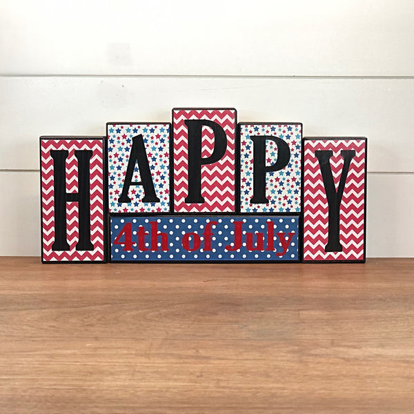 Reversible Sweet Summertime Sunflower Happy 4th of July Rustic Wooden Letter Block Set, Double Sided Decor for Shelf, Mantle or Tabletop