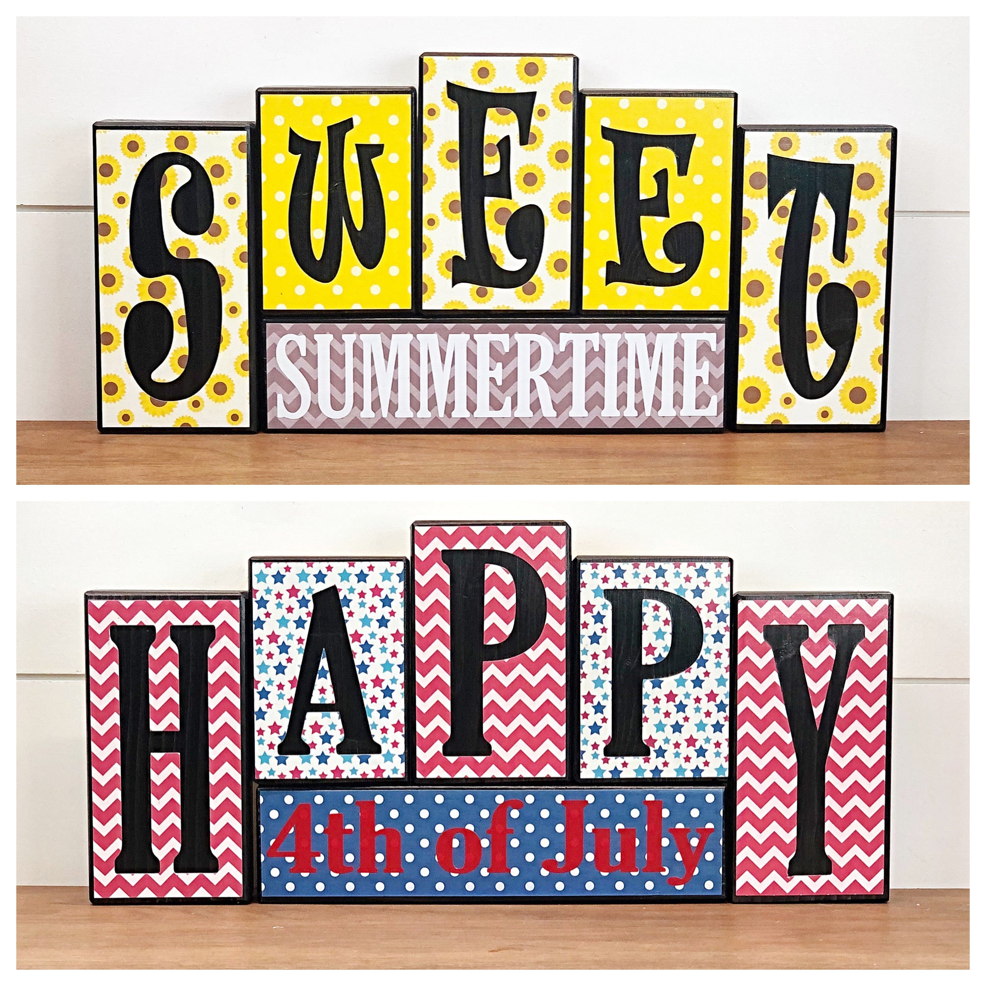 Reversible Sweet Summertime Sunflower Happy 4th of July Rustic Wooden Letter Block Set, Double Sided Decor for Shelf, Mantle or Tabletop