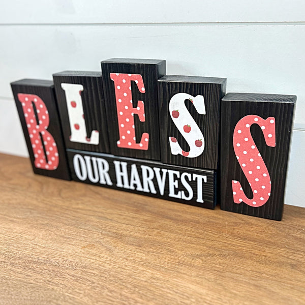 Reversible Bless Our Harvest and Sweet as Honey Rustic Wooden Letter Block Set, Double Sided Decor for Shelf, Mantle or Tabletop