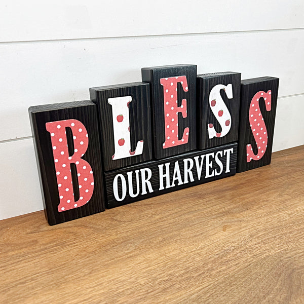 Reversible Bless Our Harvest and Sweet as Honey Rustic Wooden Letter Block Set, Double Sided Decor for Shelf, Mantle or Tabletop