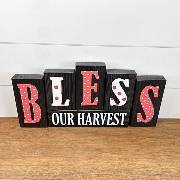 Reversible Bless Our Harvest and Sweet as Honey Rustic Wooden Letter Block Set, Double Sided Decor for Shelf, Mantle or Tabletop