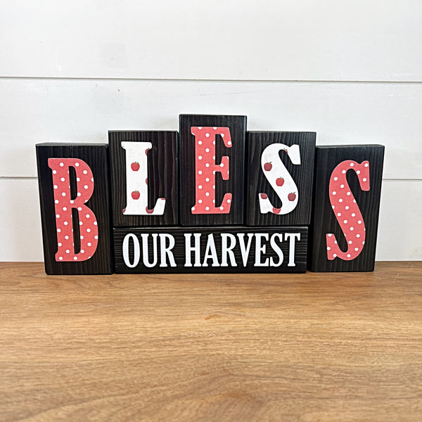 Reversible Bless Our Harvest and Sweet as Honey Rustic Wooden Letter Block Set, Double Sided Decor for Shelf, Mantle or Tabletop