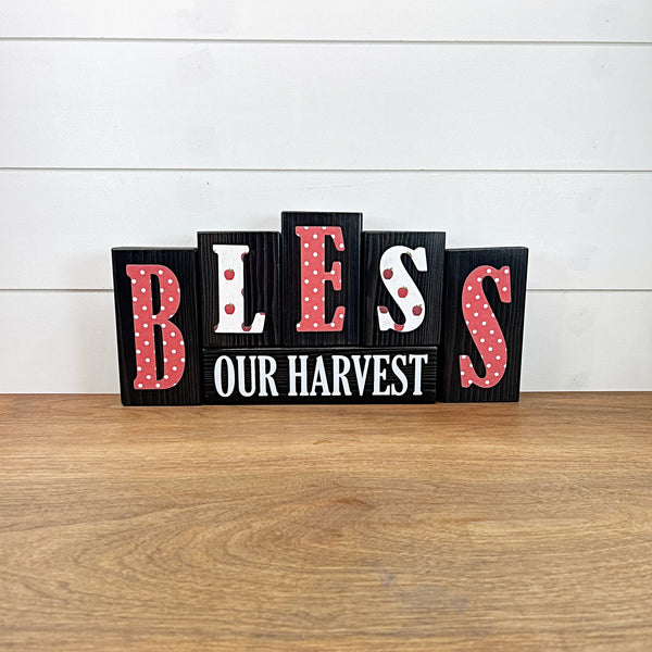 Reversible Bless Our Harvest and Sweet as Honey Rustic Wooden Letter Block Set, Double Sided Decor for Shelf, Mantle or Tabletop