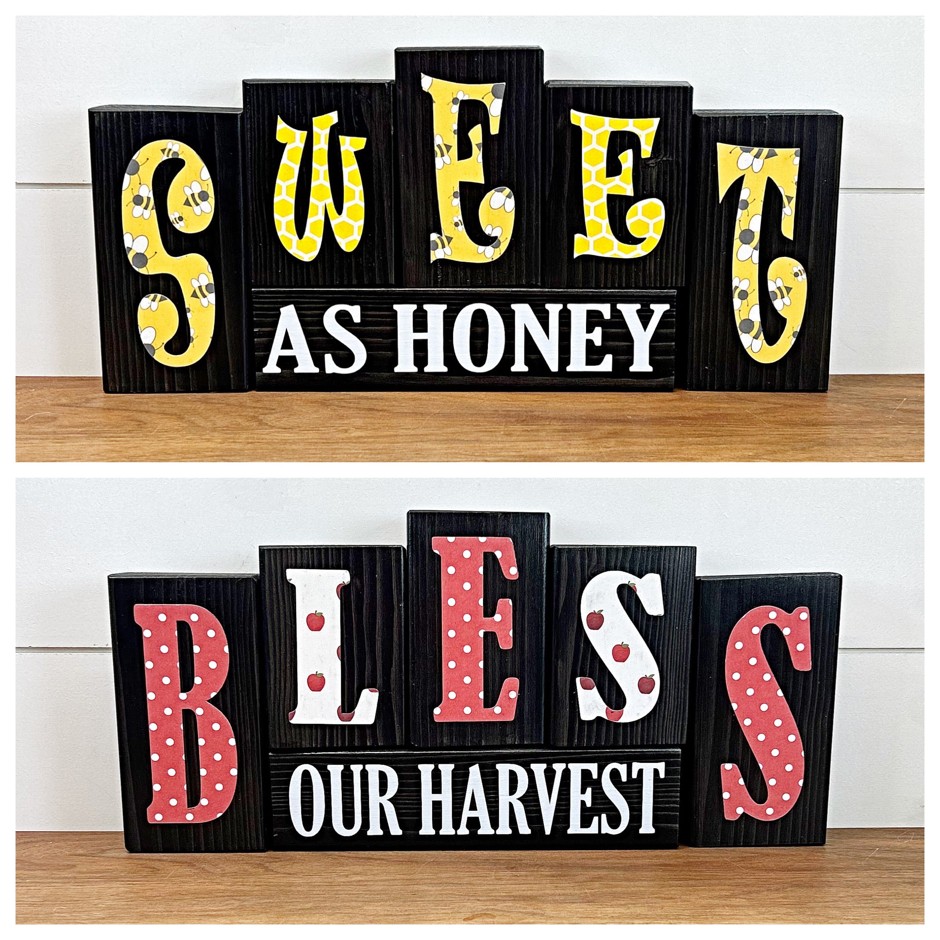 Reversible Bless Our Harvest and Sweet as Honey Rustic Wooden Letter Block Set, Double Sided Decor for Shelf, Mantle or Tabletop