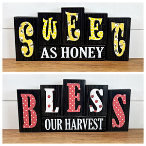 Reversible Bless Our Harvest and Sweet as Honey Rustic Wooden Letter Block Set, Double Sided Decor for Shelf, Mantle or Tabletop