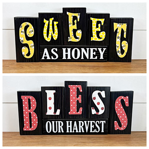 Reversible Bless Our Harvest and Sweet as Honey Rustic Wooden Letter Block Set, Double Sided Decor for Shelf, Mantle or Tabletop