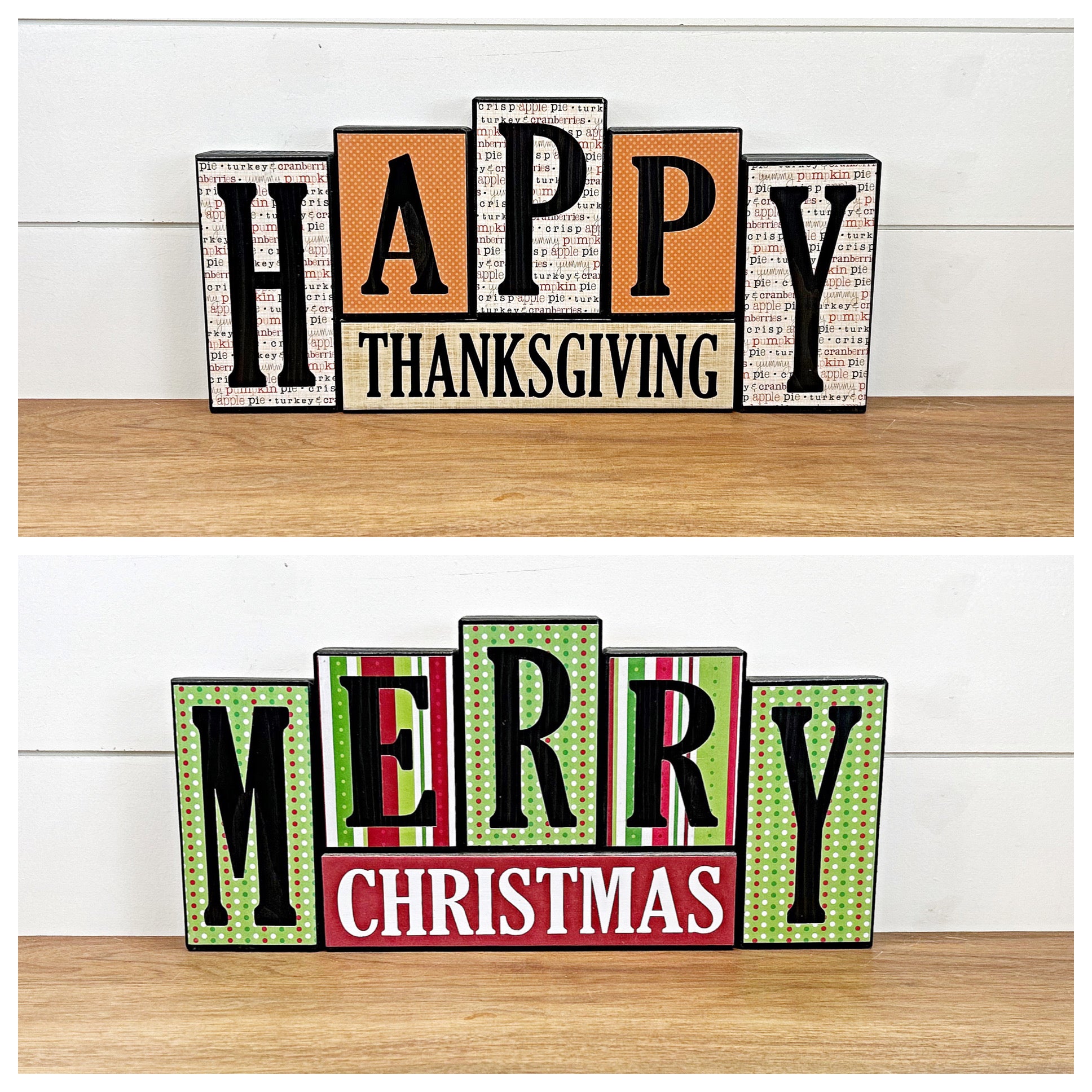 Reversible Merry Christmas and Happy Thanksgiving Letter Block Set for Shelf or Mantle Decor