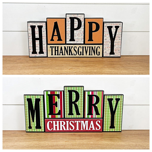 Reversible Merry Christmas and Happy Thanksgiving Letter Block Set for Shelf or Mantle Decor