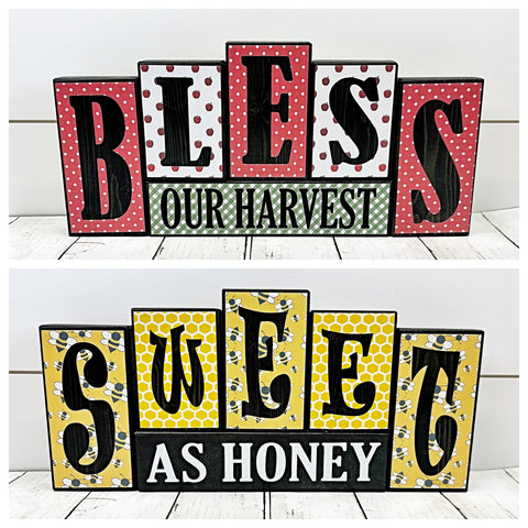 Reversible Bless Our Harvest and Sweet as Honey Wooden Letter Block Set, Double Sided Decor for Shelf, Mantle or Tabletop