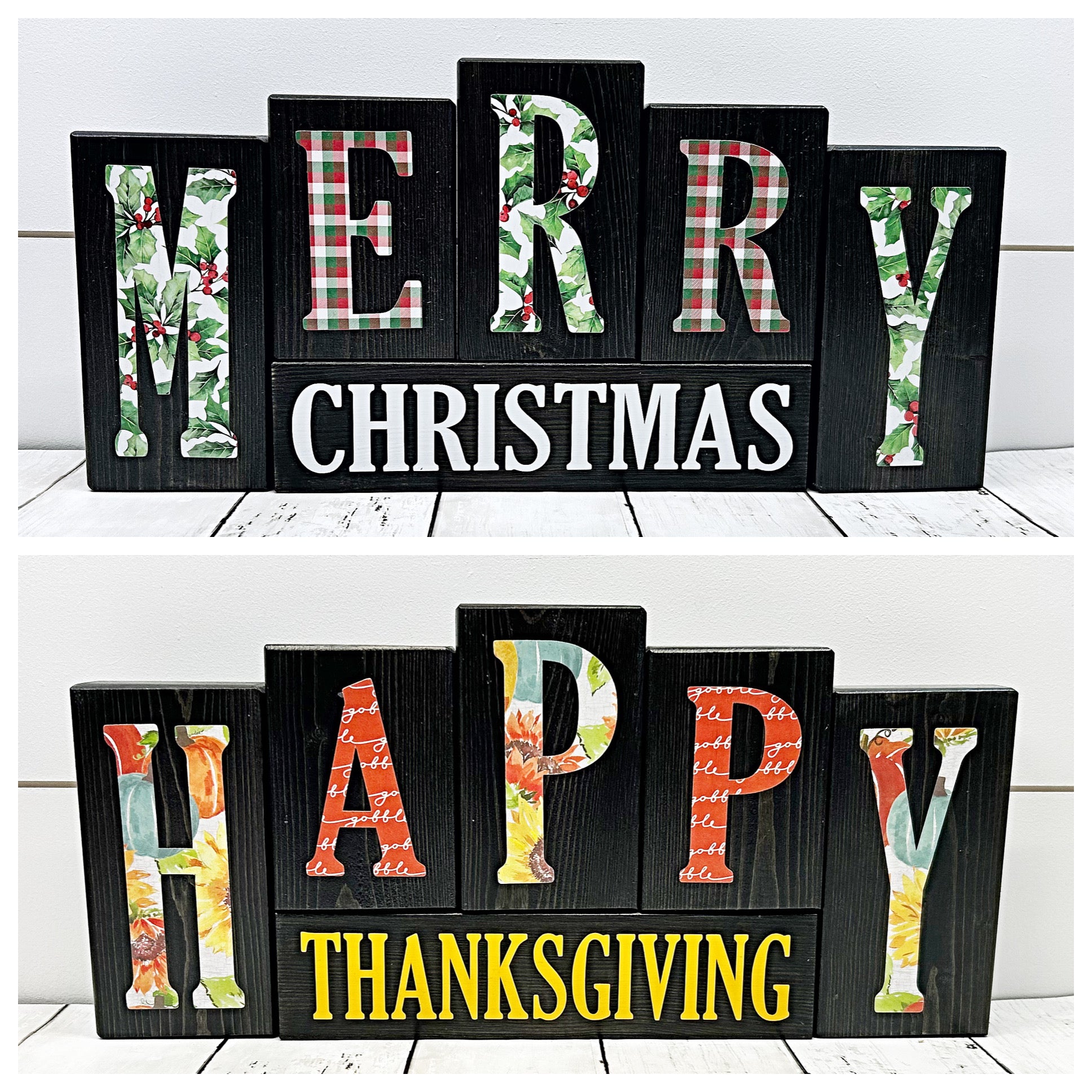 Reversible Merry Christmas/Happy Thanksgiving Block Set for Mantle or Shelf Decor