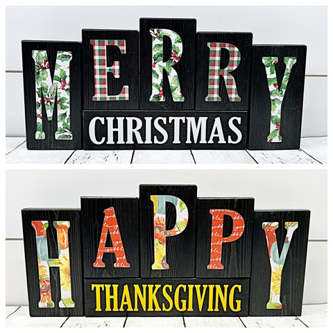 Reversible Merry Christmas/Happy Thanksgiving Block Set for Mantle or Shelf Decor