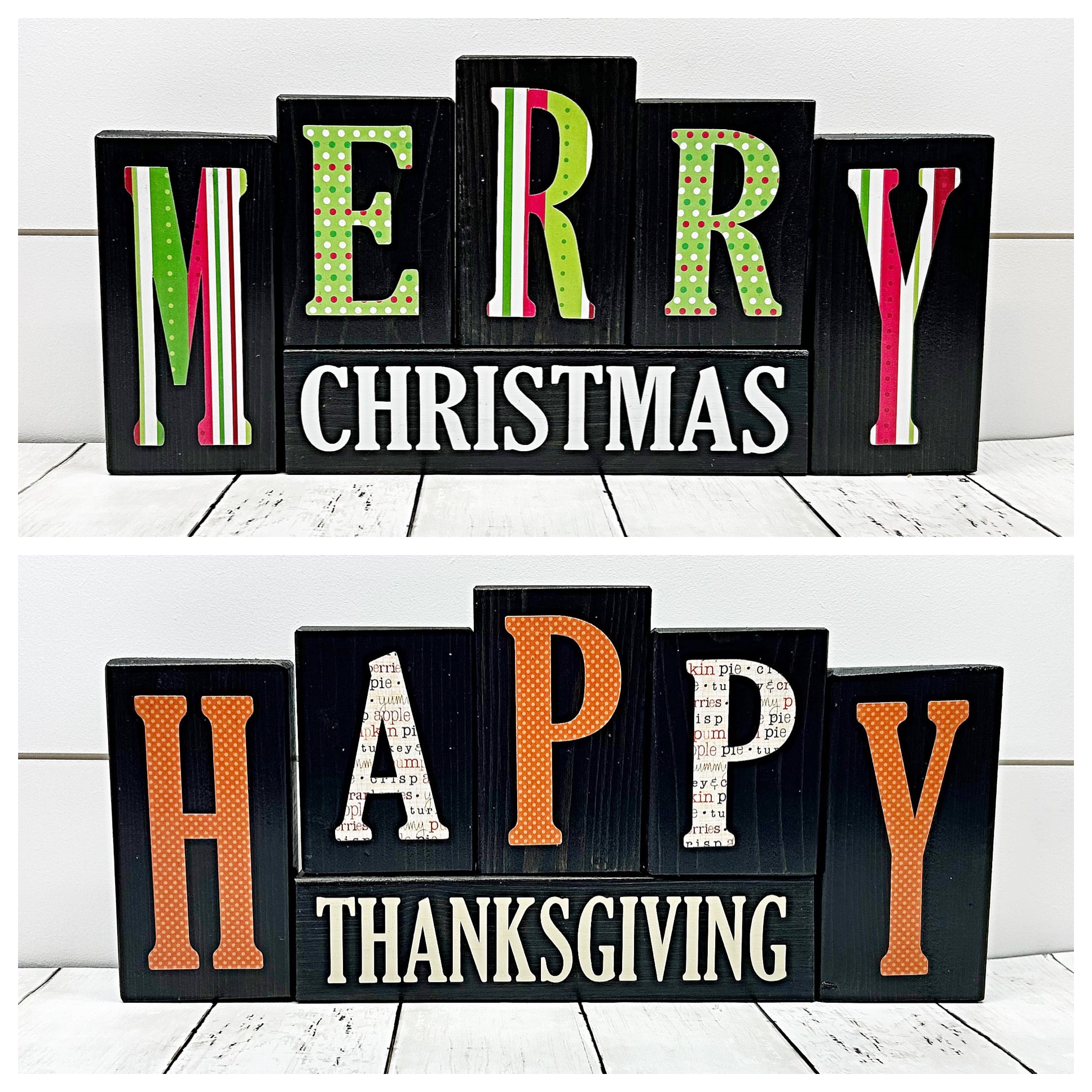 Reversible Merry Christmas/Happy Thanksgiving Letter Block Set for Shelf or Mantle Decor