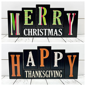 Reversible Merry Christmas/Happy Thanksgiving Letter Block Set for Shelf or Mantle Decor