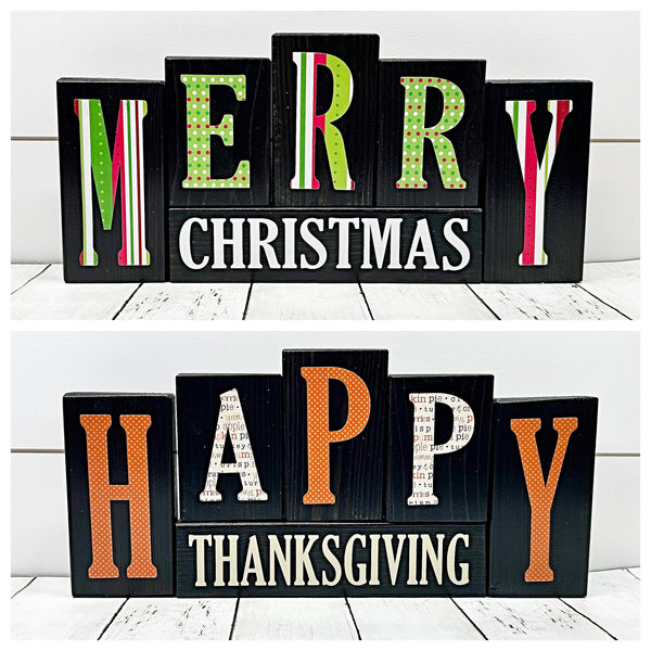 Reversible Merry Christmas/Happy Thanksgiving Letter Block Set for Shelf or Mantle Decor