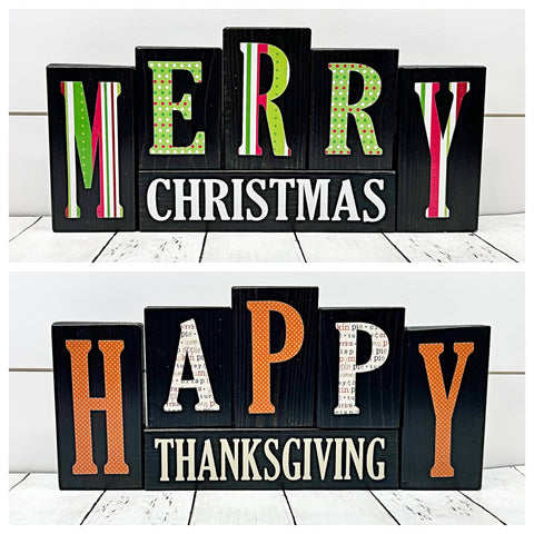 Reversible Merry Christmas/Happy Thanksgiving Letter Block Set for Shelf or Mantle Decor