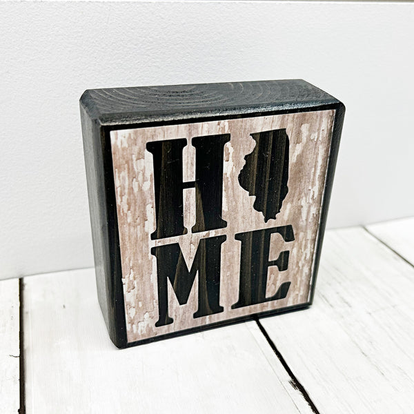 3 inch brown and white wood block with Illinois home front