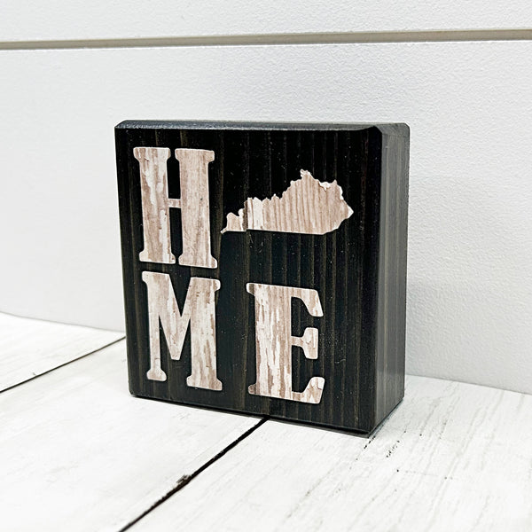 3 inch Kentucky home mini block sign with Kentucky replacing the o - brown wood block with white letters - side