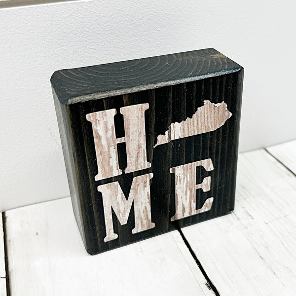 3 inch Kentucky home mini block sign with Kentucky replacing the o - brown wood block with white letters - top