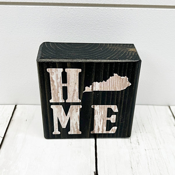 3 inch Kentucky home mini block sign with Kentucky replacing the o - brown wood block with white letters - top