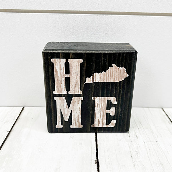 3 inch Kentucky home mini block sign with Kentucky replacing the o - brown wood block with white letters - front
