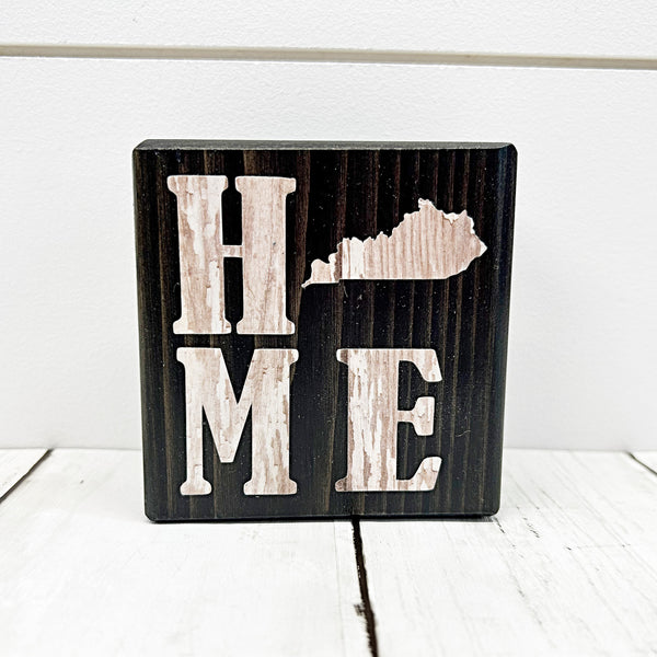 3 inch Kentucky home mini block sign with Kentucky replacing the o - brown wood block with white letters - front