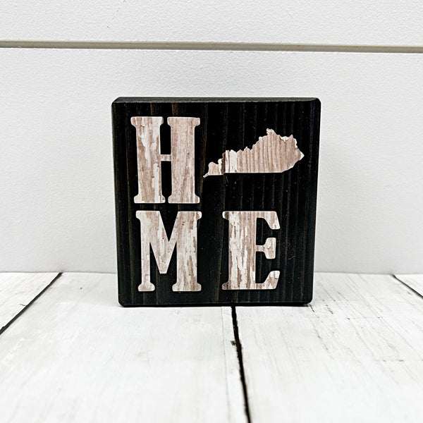 3 inch Kentucky home mini block sign with Kentucky replacing the o - brown wood block with white letters - front