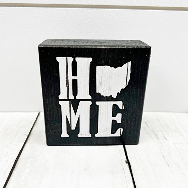 3 inch wooden mini block sign with ohio home - ohio as the O in home in white woodgrain pattern - front