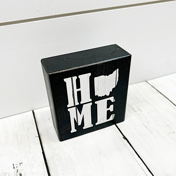 3 inch wooden mini block sign with ohio home - ohio as the O in home in white woodgrain pattern - front