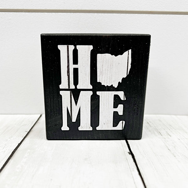 3 inch wooden mini block sign with ohio home - ohio as the O in home in white woodgrain pattern - front
